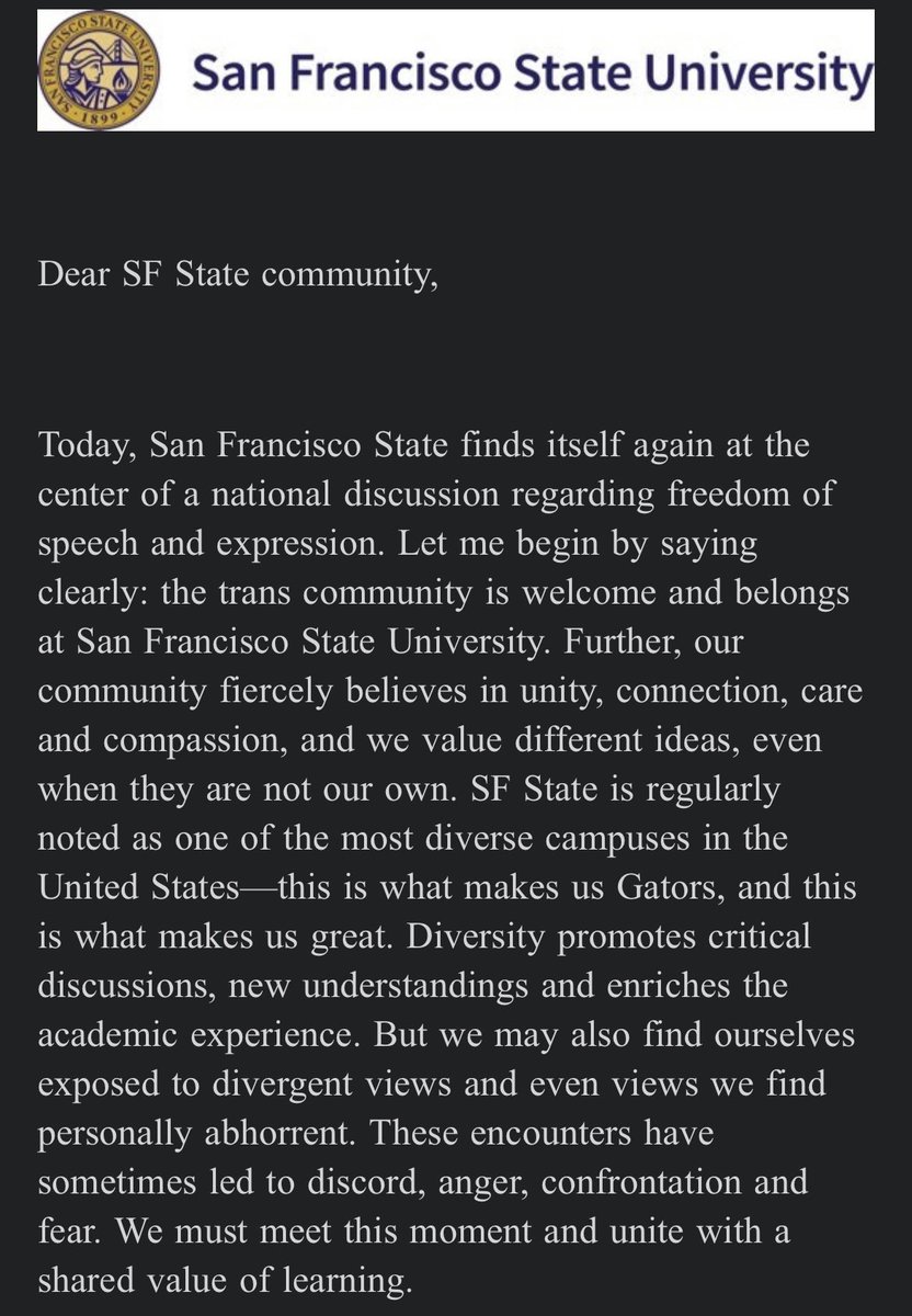 davidllamas_'s tweet image. 🚨@SFSU sent the following email about the the @Riley_Gaines_ @TPUSA event🚨

“Dear SF State community, 
 
Today, San Francisco State finds itself again at the center of a national discussion regarding freedom of speech and expression. Let me begin by saying clearly: the trans