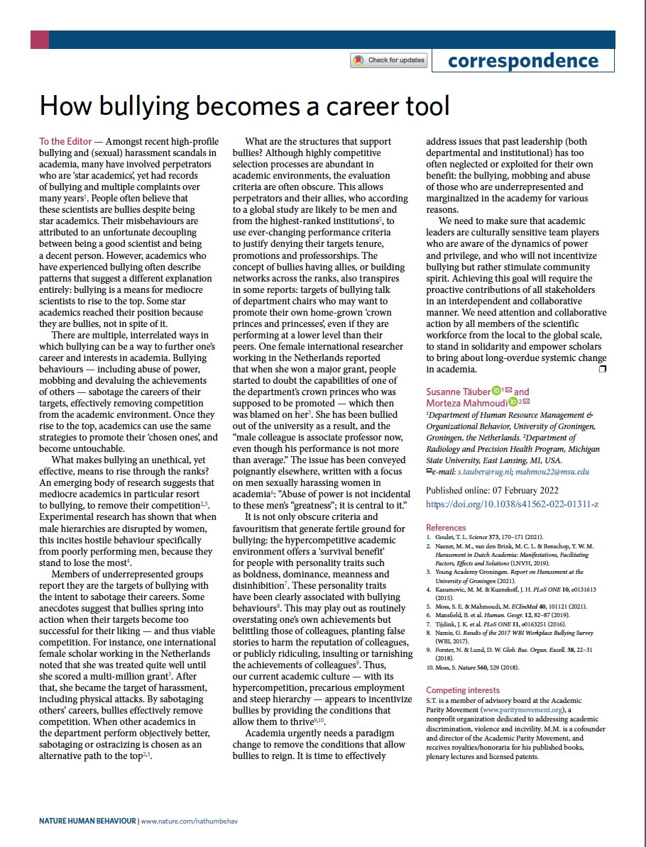 'Bullying is a means for mediocre scientists to rise to the top. Some star academics reached their position because they are bullies, not in spite of it.' - Excellent piece about bullying in academia (and really any other professional environment). nature.com/articles/s4156…