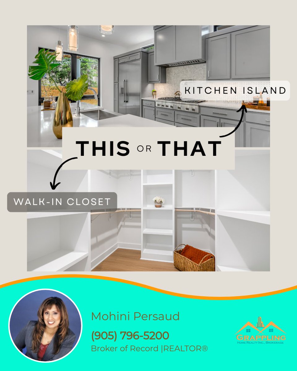 Which feature is a must-have in your next home, a large kitchen with an island or a walk-in closet? And both are always an option!

#thisorthat #kitchen #walkincloset #homebuyers #musthaves #house #homefeatures #dreamhome #torontorealestate #bramptonrealestate