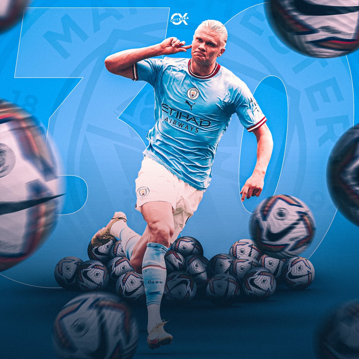 City_Xtra's tweet photo. Erling Haaland has now scored 30 (yes, 𝗧𝗛𝗜𝗥𝗧𝗬) #PL goals this season!

It's April 8, he's played 27 matches, and there are nine more Premier League games still to go! 🤖🤯 https://t.co/7wRFlwfCCT