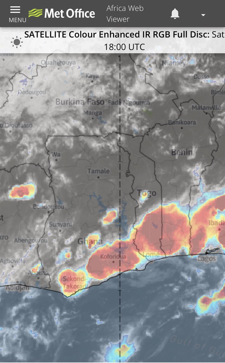 GhanaMet's tweet photo. Satellite image shows a band of clouds engulfing most parts of the coastal and forest zones. This will continue to produce rain of varying intensity with strong winds this evening into the night. https://t.co/4MvHpNbwrS
