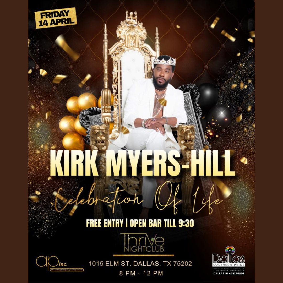 DSPride_dallas's tweet photo. 👑 𝘍𝘙𝘐𝘋𝘈𝘠  >> CELEBRATE THE LIFE OF KIRK MYERS-HILL 👑 

#LifeOfASuperhero #CelebrationOfLife #CelebrationOfLegacy #BlackPride #BlackDallas #GayDallas #LGBTQDallas #DallasHealth #DallasLeaders #DallasCommunity https://t.co/aZVhuLlzxV