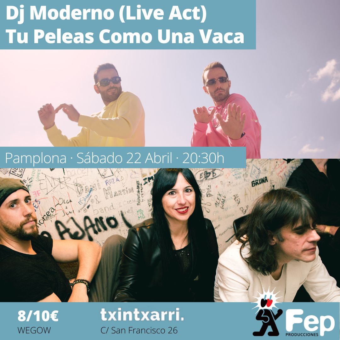 DjModerno (@djmoderno) on Twitter photo Pamplonautas!
El 22 de Abril a las 20:30 estaremos presentando nuestras canciones en directo en el <a href="/txintxarribar/">txintxarri.</a> Compartimos escenario con los geniales <a href="/tupeleas/">Tu peleas como una vaca 🐮</a>
Entradas volando aquí
wegow.com/es-es/conciert…
Te vienes? Va a molar mucho
##siempreyeah Pamplonautas!
El 22 de Abril a las 20:30 estaremos presentando nuestras canciones en directo en el <a href="/txintxarribar/">txintxarri.</a> Compartimos escenario con los geniales <a href="/tupeleas/">Tu peleas como una vaca 🐮</a>
Entradas volando aquí
wegow.com/es-es/conciert…
Te vienes? Va a molar mucho
##siempreyeah
