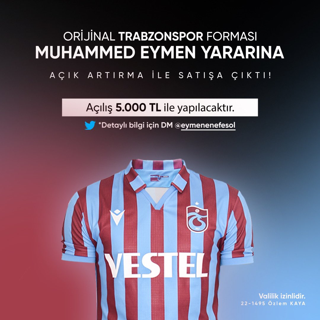 Erzurumlu Sma hastası Muhammed Eymen için Trabzonspor şampiyonluk forması açık arttırma ile satışa çıkarıyorum. Geliri Muhammed Eymene bağışlanacaktır .

Başlangıç fiyatı 5000 Tl’dir.

-Futbolseverlere duyurulur.

#Sma #Futbol #Erzurum 

@eymenenefesol