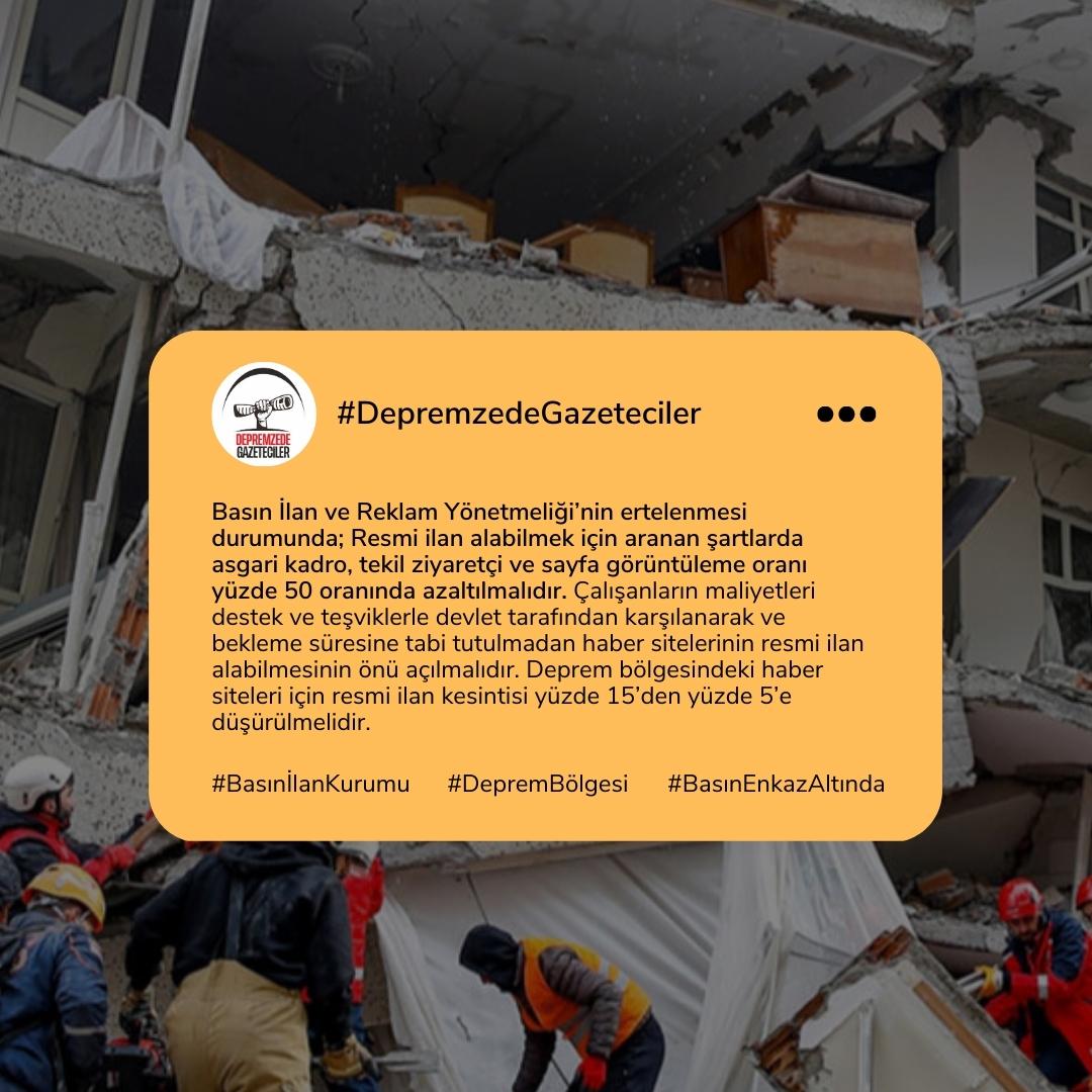 Depremzede Gazetecilerin resmi ilan alabilmeleri için şartlar yüzde 50 oranında hafifletilmeli!
<a href="/RTErdogan/">Recep Tayyip Erdoğan</a> <a href="/tcbestepe/">T.C. Cumhurbaşkanlığı</a> <a href="/basinilankurumu/">Basın İlan Kurumu</a> <a href="/caviterkilinc/">Cavit ERKILINÇ</a> <a href="/fahrettinaltun/">Fahrettin Altun</a> <a href="/mahirunal/">Mahir Ünal 🇹🇷</a> #depremzedegazeteciler #basınenkazaltında #BasınİlanKurumu #deprembolgesi