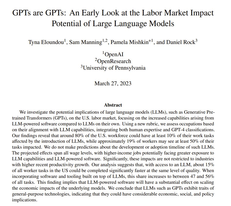 WiMLDS_Paris's tweet image. [#FridayWiMLDSPaper 📜 curated by @MarieSacksick]
&quot;GPTs are GPTs: An Early Look at the Labor Market Impact Potential of Large Language Models&quot;, by Tyna Eloundou (@ThankYourNiceAI), Sam Manning (@sj_manning), Pamela Mishkin (@ManlikeMishap), and @danielrock
arxiv.org/pdf/2303.10130…