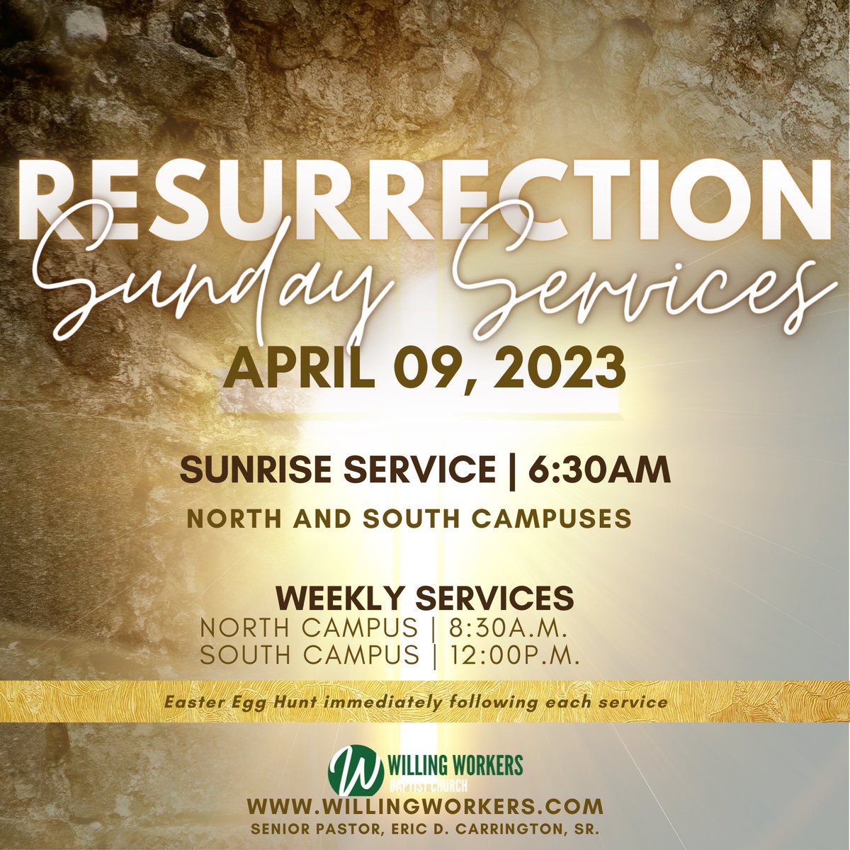 Willing_Workers's tweet photo. Be sure to Join us this Easter Sunday for Sunrise Service at 6:30am at both locations.
Easter Service North Campus 8:30 am
Easter Service South Campus 12 noon
We will have something for the kids immediately following service
See you there! https://t.co/Bw3DA2JKNk
