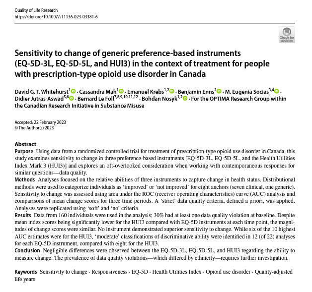 New paper! 🎉 How do 3 generic, preference-based #qualityoflife measures stack up among people with #opioidusedisorder?  

link.springer.com/article/10.100…