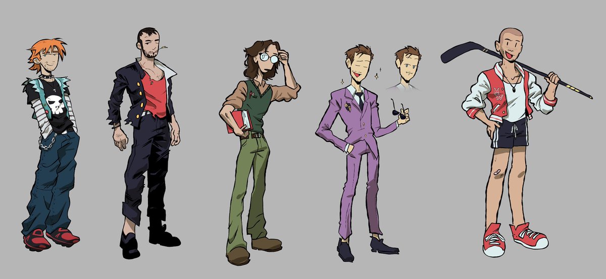 DomRomArt's tweet photo. My character lineup for the new Manwolves music video! It was fun to think up dating sim stereotypes for every band member 🐺❤️ https://t.co/rbwb4GjNM6