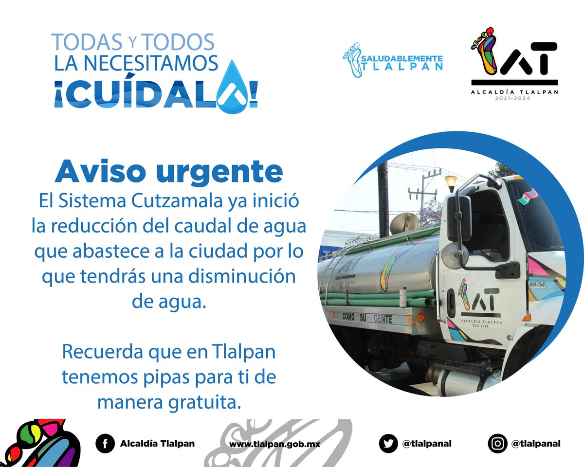 Eres 60% agua💧. En este sábado de gloria salva el 60% de ti mismo y evita desperdiciar el preciado líquido. ❌🫗

Los tiempos han cambiado, y cada día hay menos líquido vital disponible, cada gota cuenta💧. ¡Cuídala!

Evita sanciones y multas.

#Tlalpan #GrandeComoSuGente