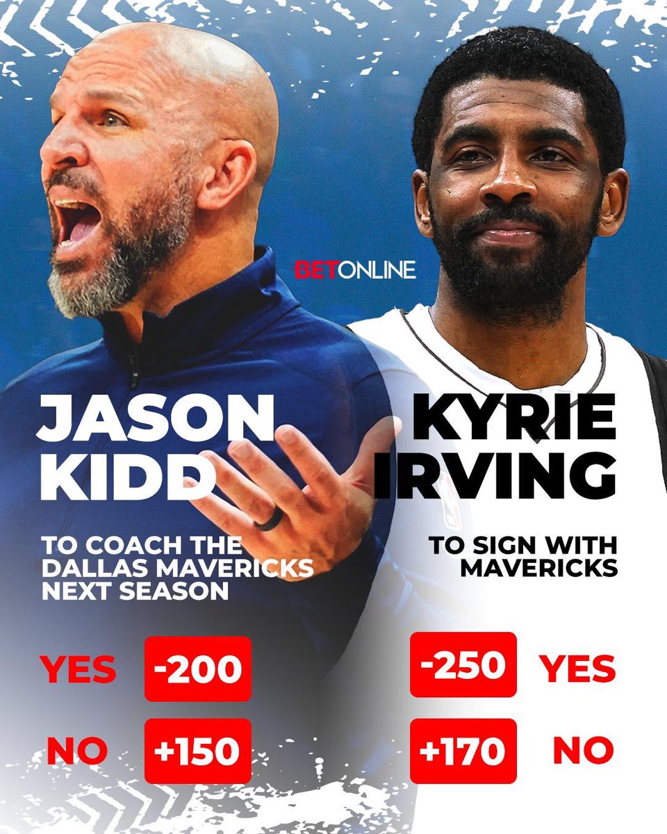 The summer for the @dallasmavs should be very interesting?!?!

Odds: @betonline_ag 
Bet Here: bit.ly/3DVMbNk

#Mavs #JasonKidd #KyrieIrving #NBA