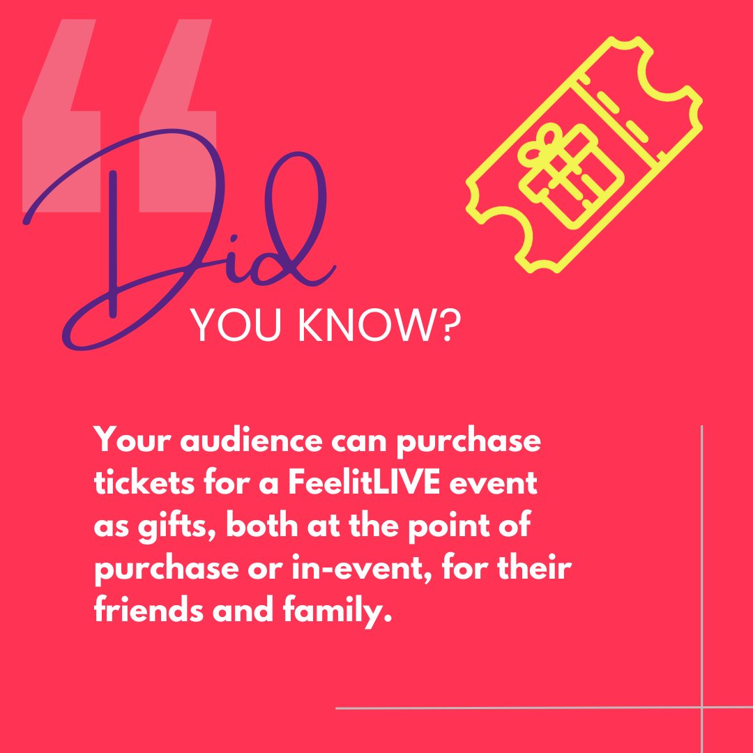 Feelit_LIVE's tweet photo. Did you know that your audience can purchase tickets for a FeelitLIVE event as gifts, both at the point of purchase or in-event, for their friends and family? This gives them the option to share a beautiful performance with their close ones.

Know more - https://t.co/9hjSZ6kYGS https://t.co/qGogtFgOPJ