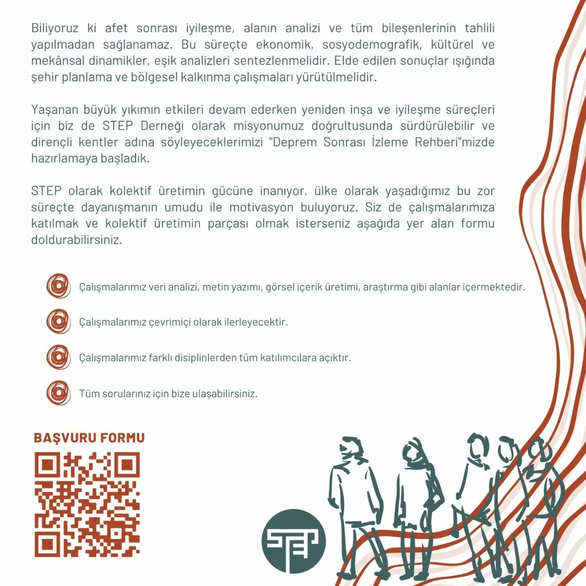 Step4cities's tweet photo. KOLEKTİF ÜRETİM ÇAĞRISI:

Yaşanan büyük depremlerin ardından STEP Derneği olarak misyonumuz doğrultusunda sürdürülebilir ve dirençli kentler adına söyleyeceklerimizi "Deprem Sonrası İzleme Rehberi"mizde hazırlamaya başladık.

Katılmak için başvuru formu: https://t.co/tlrWC1wh31 https://t.co/1ezdjG8inl