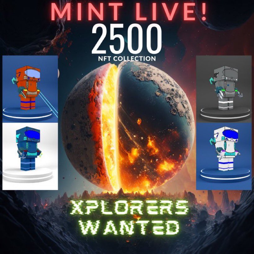 🚨XPLORERS MINT IS LIVE!!! 🚨 

🔥The First Multi-Metaverse NFT collection by DEMETA LABS🔥

2500 collection!

2 per wallet !!!

Price
- 0.00888 $ETH 

MINT NOW👇
xplorers.io/mint x.com/messages/media…

#NFTs #Mint #Mintislive