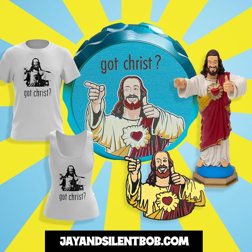 One time, two times, three times my savior! Feel the salvation of Christ with our selection of Buddy Christ merch! Available only at shop.jayandsilentbob.com/collections/bu…