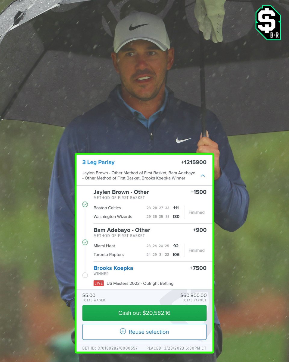 br_betting's tweet image. ONE LEG AWAY FROM $60K 😳 

Brooks is currently -105 to win the Masters… would you cash out or let it ride?

(IG: kalebtinsely13/@FDSportsbook)