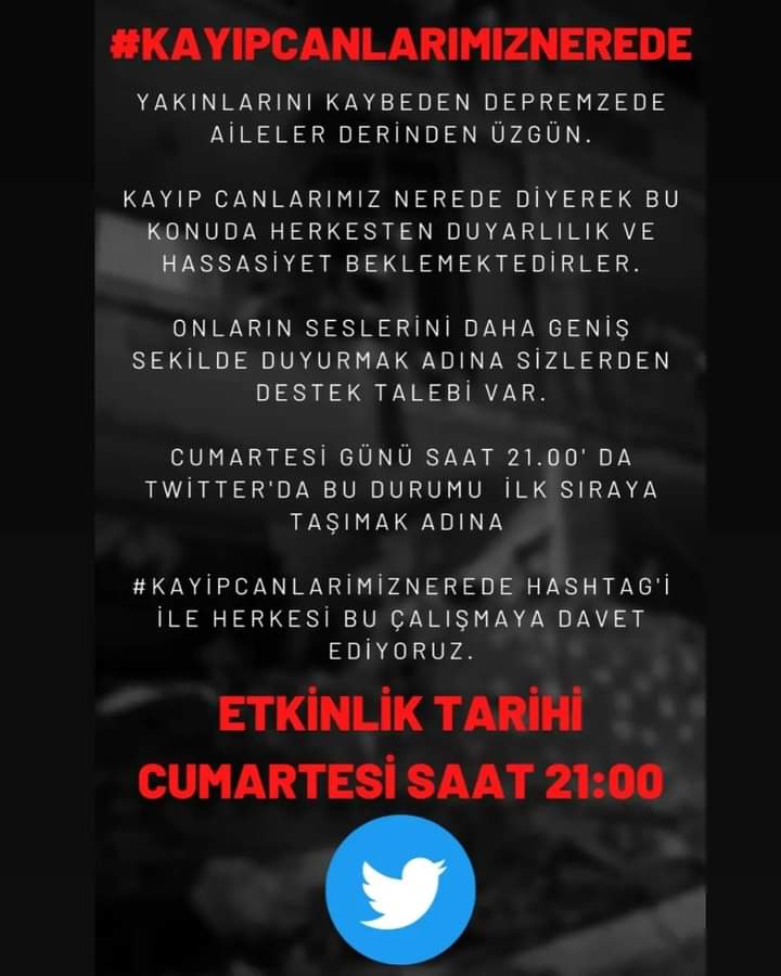 #kayipcanlarimiznerede 
BUGÜN ailelerimize ulaşamadığımız 62. Gün sizden ricam bir kamuoyu oluşturup Twitter da bir ses uyandırmak. Lütfen ailelerimizi bulmak için bize yardım edin. Destekleriniz için teşekkür ederiz. 
#ailelerimiznerede #rönesansrezidans