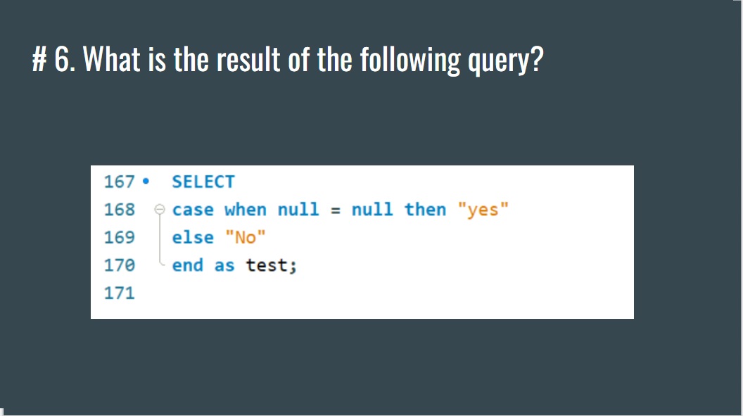 DataMillennials's tweet image. What is the result of the following query?
youtu.be/myKrylNmtug
#sqlnull
#null
#sqlinterviewquestionsandanswers
#sql
#sqlqueries
#SQLforDataScientist
#LearnSQL
#LearnSQLqueries
#SQLtips
#DataMillennials
#SQLtricks