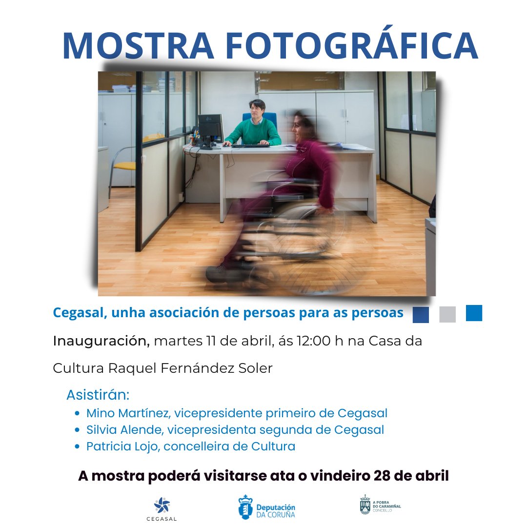 Cegasal_CEEIS's tweet photo. O 11 de abril, ás 12.00 h, inauguramos en #Concello da Pobra do Caramiñal a mostra fotográfica 'Cegasal, unha asociación de persoas para as persoas'. Será na 📍Casa da Cultura Raquel Fernández Soler. https://t.co/NLSMv5Jbe0