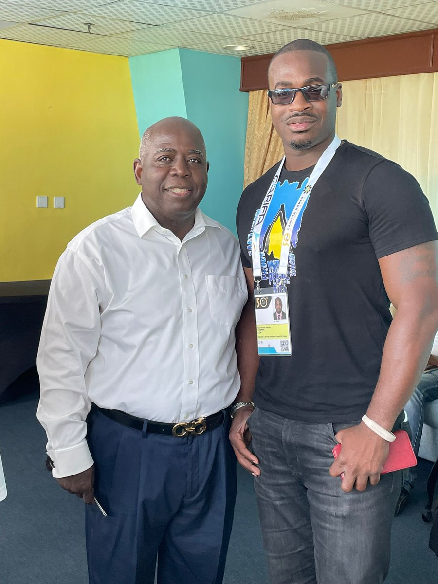 PM Davis at Carifta with St. Lucia’s minister of youth and sports Kenson Casimir.