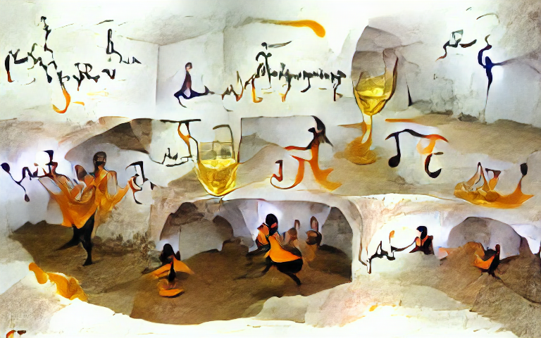periodic choreography in a calligraphic cave full of turmeric colored wine glasses