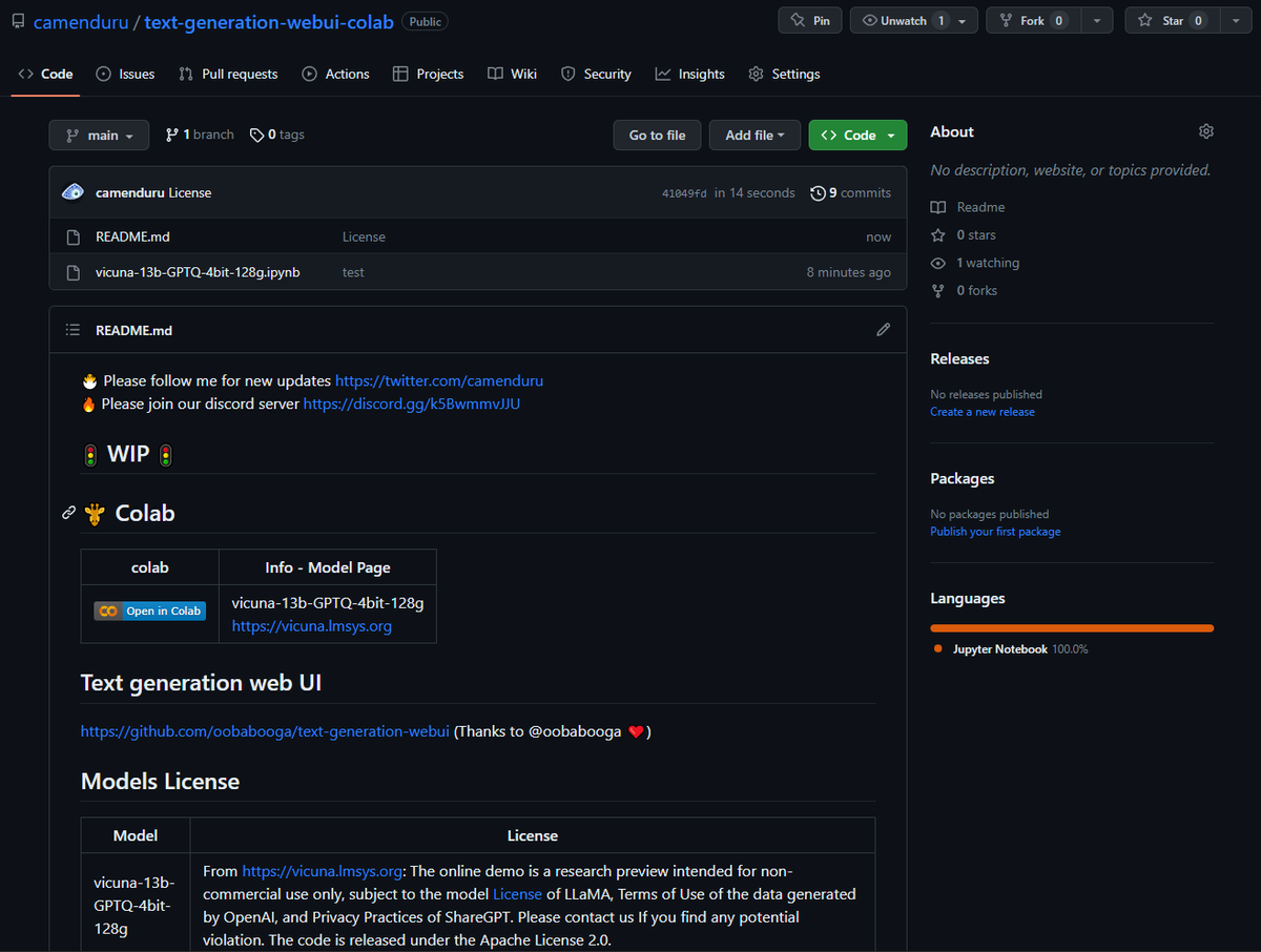 camenduru's tweet image. I am happy to announce a new project, text-generation #webui #colab 🥳 thanks to oobabooga ❤ the text-generation-webui team ❤ and the @gradio team ❤github.com/oobabooga/text… please try it 🐣 github.com/camenduru/text…