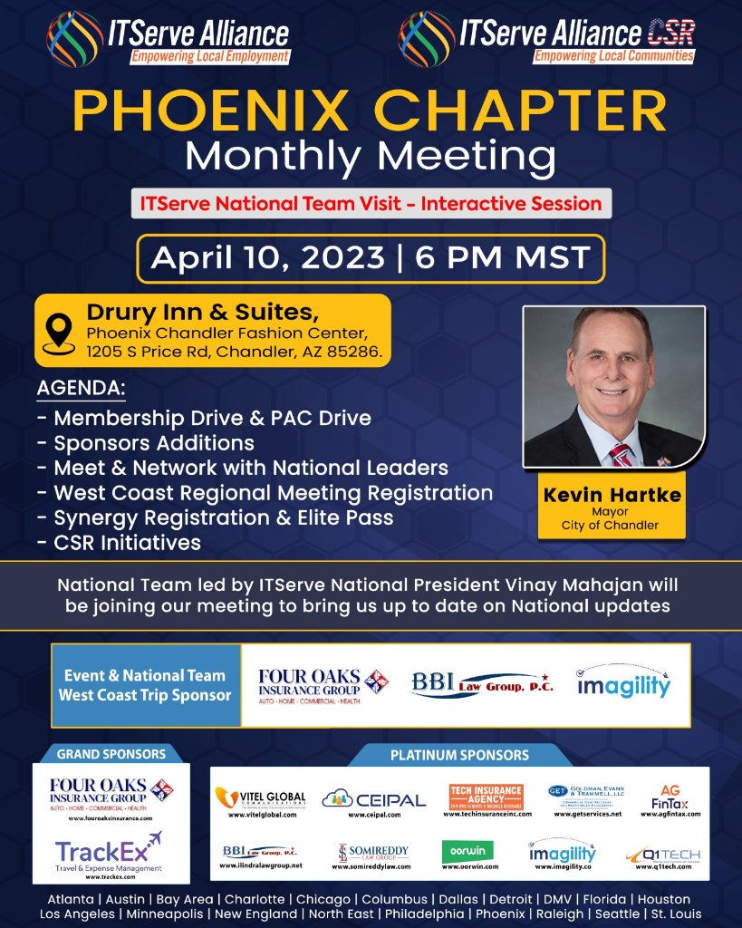 ITServeorg's tweet photo. Phoenix Chapter Monthly Meeting - April 10, 2023

#ITServe #ITServeAlliance #ITServePhoenix #phoenix #PAC #synergy #ITServeSynergy https://t.co/i6H3NHmkQm