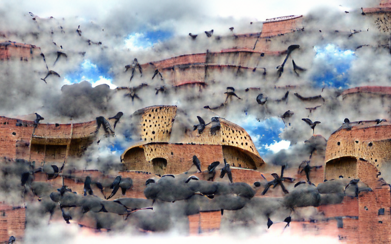 a murmuration of swallows in cloudy skies over the roman colosseum