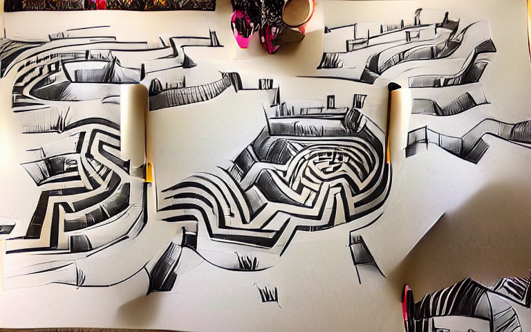 a precise ink drawing of a labyrinth with bold curvy lines