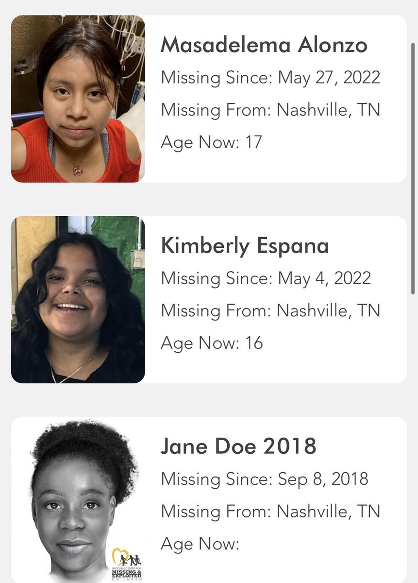 Chloe_DXM's tweet photo. There are currently 10 children missing from #Nashville #Tennessee. All have been missing for at least a month, some for decades. https://t.co/TRCfUSz60O