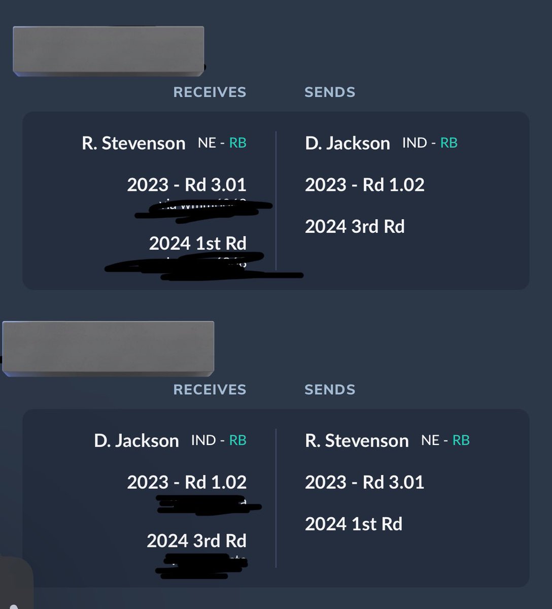 luh_mut314's tweet photo. Im going to counter the Mike evans and ask for Mike Williams. Which trade (picture 1 with M. Will or 2)  would you take? @TylerFFCreator 

Also another guy wants my 1.02 (3rd picture) is this even a fair offer? He asked if I wanted Stevenson, but I atleast want to be fair lol. https://t.co/2GJQTc4h08