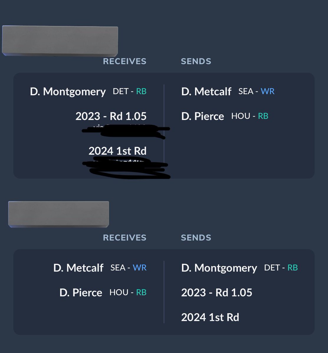 luh_mut314's tweet photo. Im going to counter the Mike evans and ask for Mike Williams. Which trade (picture 1 with M. Will or 2)  would you take? @TylerFFCreator 

Also another guy wants my 1.02 (3rd picture) is this even a fair offer? He asked if I wanted Stevenson, but I atleast want to be fair lol. https://t.co/2GJQTc4h08
