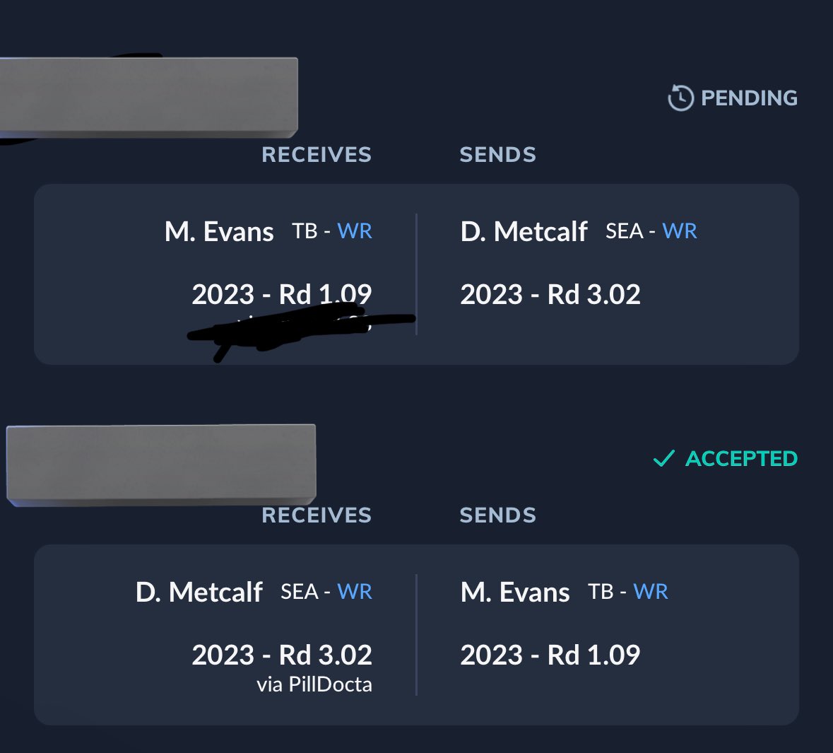 luh_mut314's tweet photo. Im going to counter the Mike evans and ask for Mike Williams. Which trade (picture 1 with M. Will or 2)  would you take? @TylerFFCreator 

Also another guy wants my 1.02 (3rd picture) is this even a fair offer? He asked if I wanted Stevenson, but I atleast want to be fair lol. https://t.co/2GJQTc4h08