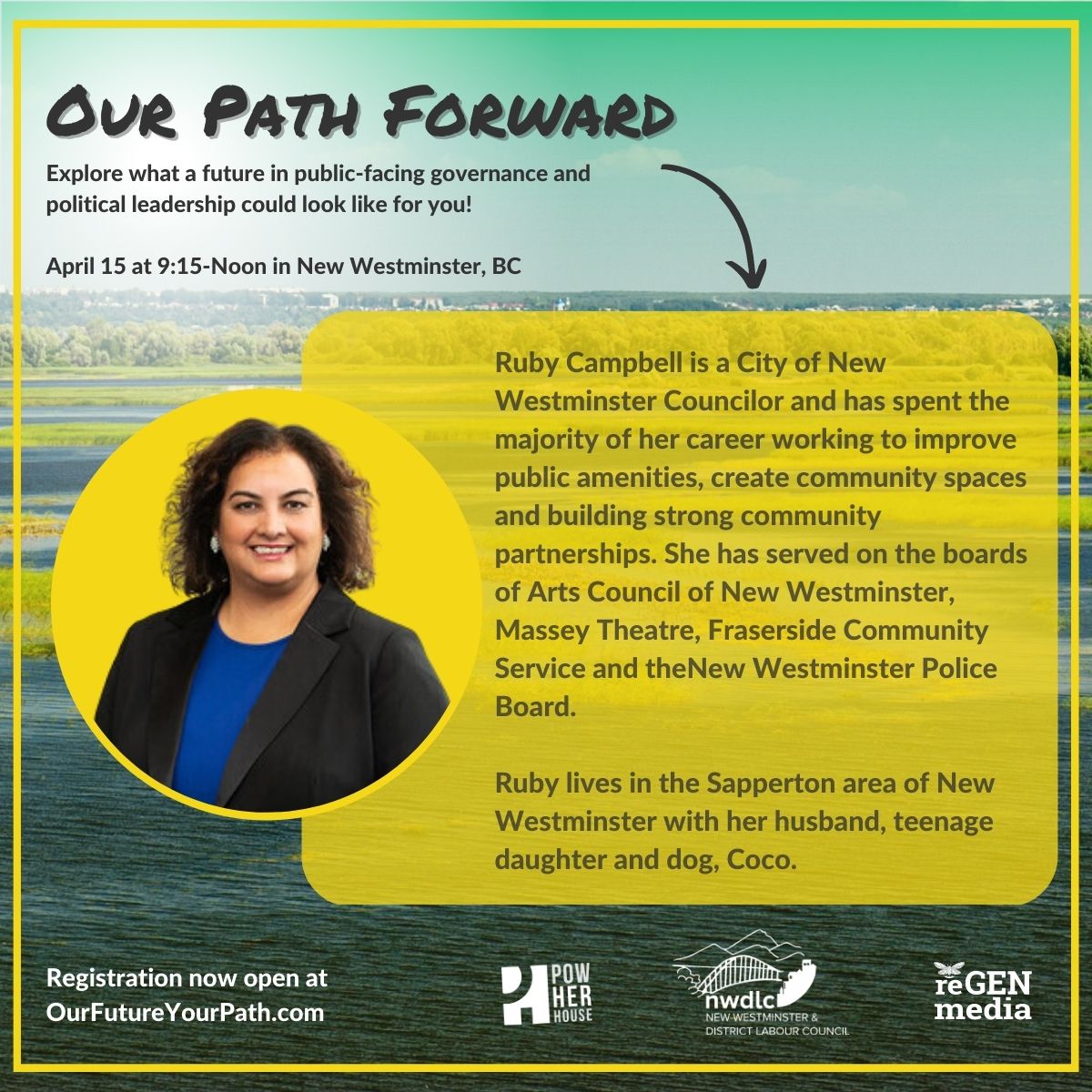 nwdlc's tweet photo. Very excited to have #NewWest Cllr @RubyCampbell
on our panel at #OurPathForward next Saturday morning April 15th at the Anvil Centre. Join us for this important discussion on inclusion, diversity and caring leadership in our communities! Register here: https://t.co/V8HTnQDux2 https://t.co/4hjX4serJj