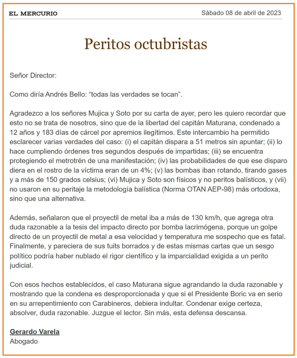 ClaudioCrespoG's tweet photo. El capitán Patricio Maturana es INOCENTE y debe ser indultado en forma inmediata. 
Es increíble que hasta los peritos poseen la ideología “octubrista” 

Lo único que pedimos es justicia. 
#LibertadParaMaturana 
#MaturanaEsInocente https://t.co/45fIWyhrDJ