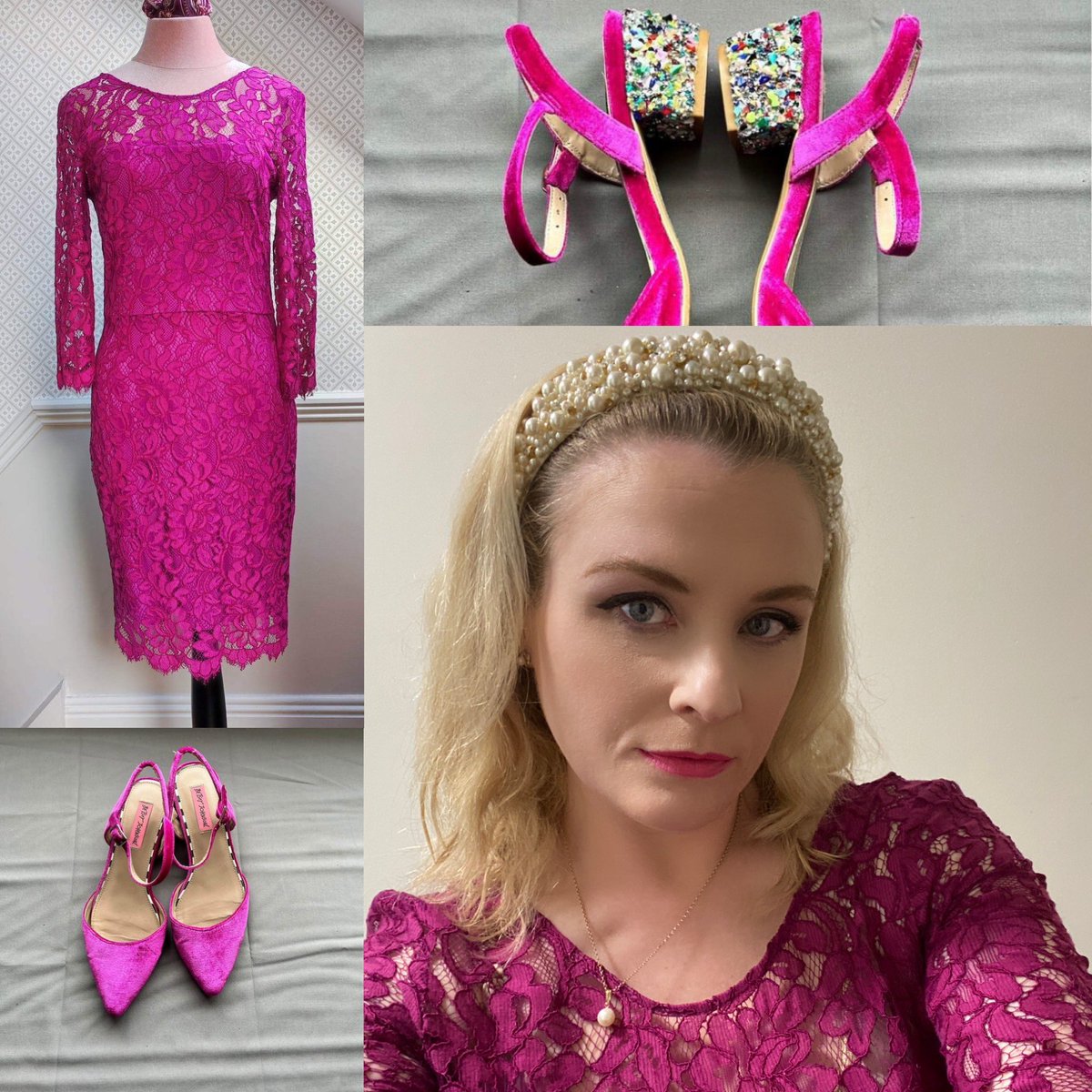 CatrinaSoprano's tweet photo. #HolyWeek2023 style for #holysaturday in fuschia lace and amazing Betsy Johnson velvet shoes with statement heel and a gorgeous pearl crown #Exultet #soprano #churchmusican https://t.co/yoiZXw5uLT