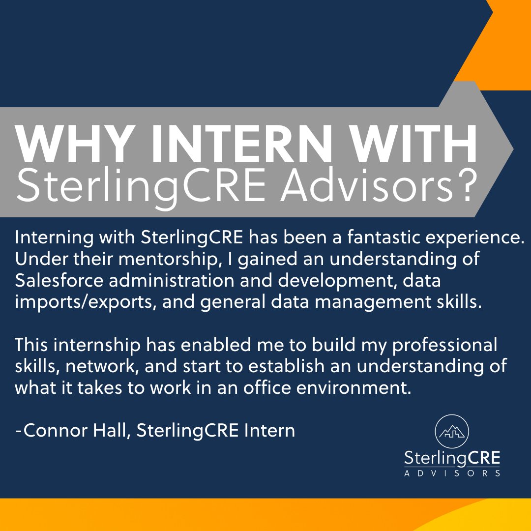Sterling_CRE's tweet photo. We think SterlingCRE is a cool place to work, but don't just take our word for it. See what our Research intern Connor Hall had to say!

Interested in a flexible schedule, $16-18/hour, and gaining real-world experience? DM us for more info! https://t.co/9fRxFUWwhm