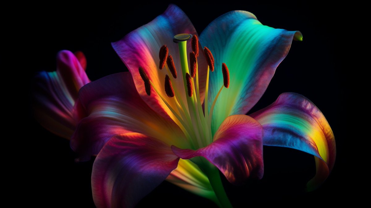 'Holographic' added to image prompts adds beautiful colors. 

You can combine different styles in text prompts. 

I added:
• Holographic
• Luminogram
• Bloomcore

I generated 6 holographic flowers in Midjourney version 5:

(Full prompt in thread)