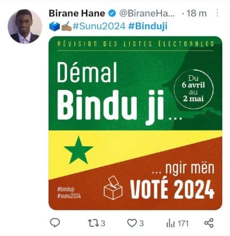 NBorso's tweet photo. #Senegal #Right_To_vote #Updates

🔴 Mouvement impressionnant à travers le pays et sa diaspora pour motiver citoyennes et citoyens à s'inscrire sur les listes électorales qui sont en procédure de révision du 06 avril au 02 mai 2023.

A suivre ensemble sous la protection divine 🙂 https://t.co/rmUYGdOLBZ