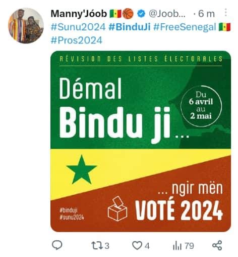 NBorso's tweet photo. #Senegal #Right_To_vote #Updates

🔴 Mouvement impressionnant à travers le pays et sa diaspora pour motiver citoyennes et citoyens à s'inscrire sur les listes électorales qui sont en procédure de révision du 06 avril au 02 mai 2023.

A suivre ensemble sous la protection divine 🙂 https://t.co/rmUYGdOLBZ