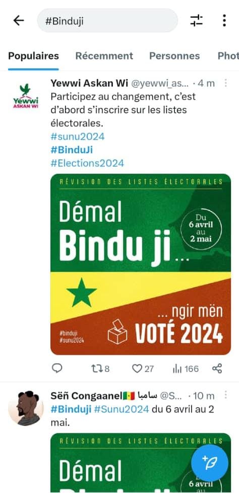 NBorso's tweet photo. #Senegal #Right_To_vote #Updates

🔴 Mouvement impressionnant à travers le pays et sa diaspora pour motiver citoyennes et citoyens à s'inscrire sur les listes électorales qui sont en procédure de révision du 06 avril au 02 mai 2023.

A suivre ensemble sous la protection divine 🙂 https://t.co/rmUYGdOLBZ
