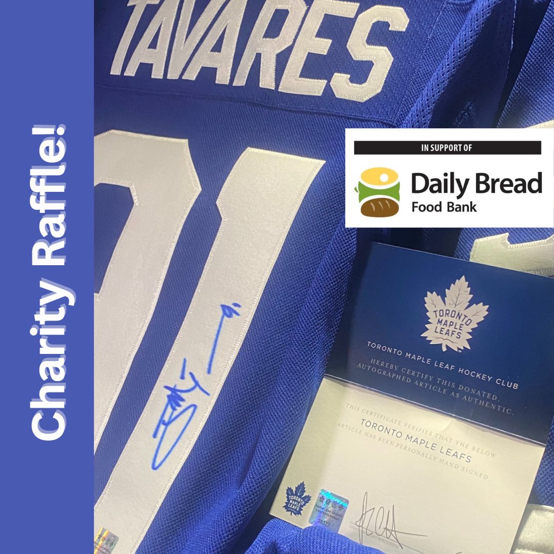 A few raffle tickets remaining for this authenticated autographed Tavares #Leafs Jersey. $12/Ticket. 100 tickets. Draw after #Masters2023 Green Jacket. All proceeds to <a href="/DailyBreadTO/">DailyBreadFoodBank</a>. Drop by to purchase in #etobicoke.

#foodinsecurity #torontosmallbiz #golf #indoorgolf #Toronto
