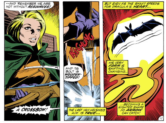 MarvelADay's tweet photo. #MarvelADay #ToD3 The first appearance of Rachel Van Helsing’s crossbow with wooden tipped bolts. But how can you stop a creature that can instantly become a bat? He doesn’t even need to yell, “Bat!” - mcm https://t.co/AoiRTAQt69