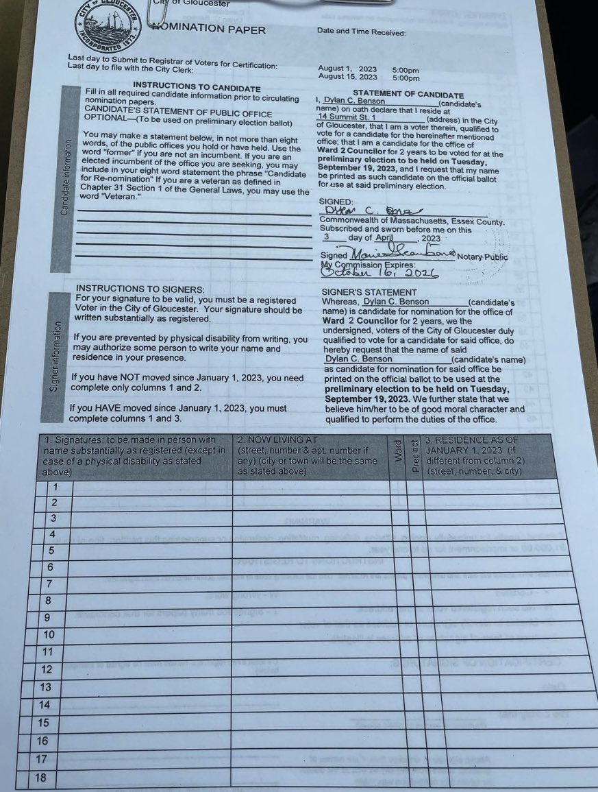 dylanforward2's tweet image. It’s official. Team Benson has been out collecting signatures. Looking forward to meeting the people of Ward 2 in the coming months.