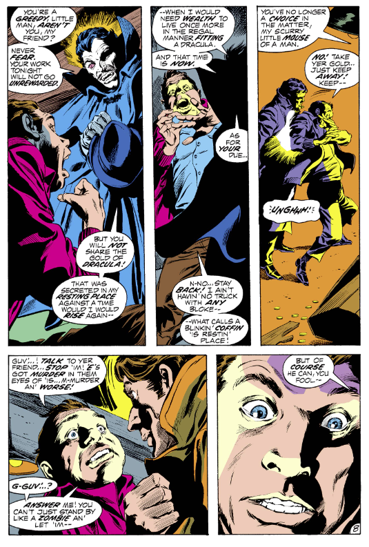 MarvelADay's tweet photo. #MarvelADay #ToD3 The horrifying visage of Dracula, the terrified face of the greedy night porter, and the soulless stare of Clifton Graves make this my favorite page of the issue. - mcm https://t.co/uNIwMfhiNF