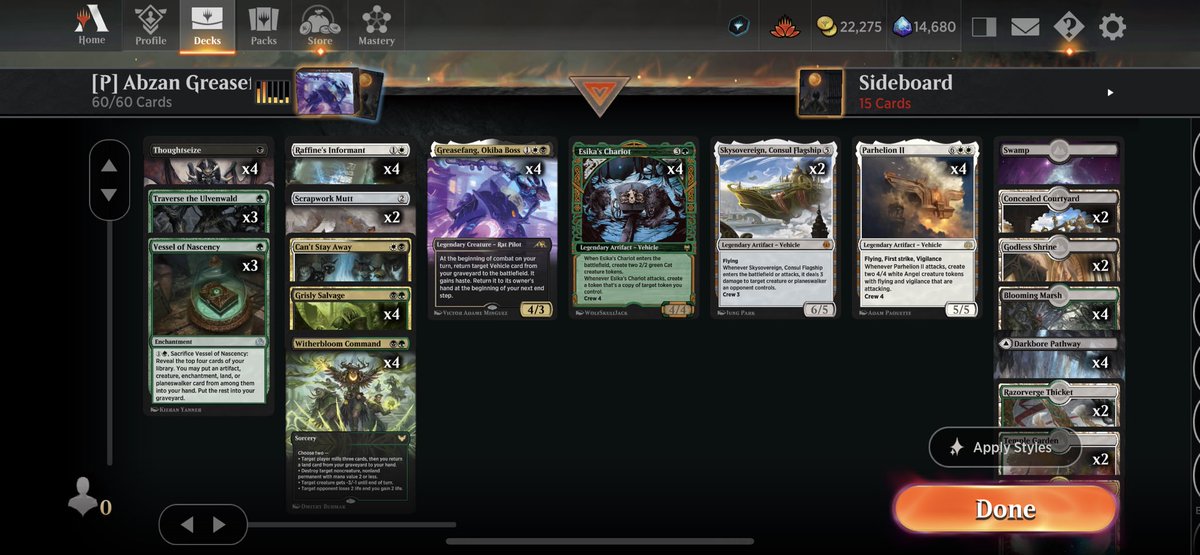 ZiziguluMTG's tweet photo. 7-0 with Abzan Greasefang in the Explorer Metagame Challenge. This is the same deck that got me 2-2 in the Day 1 Weekend Qualifier event.  Greasefang is such a strong build in both #pioneer and #explorer  
#MTGArena #magic https://t.co/nsRR6KZkVZ