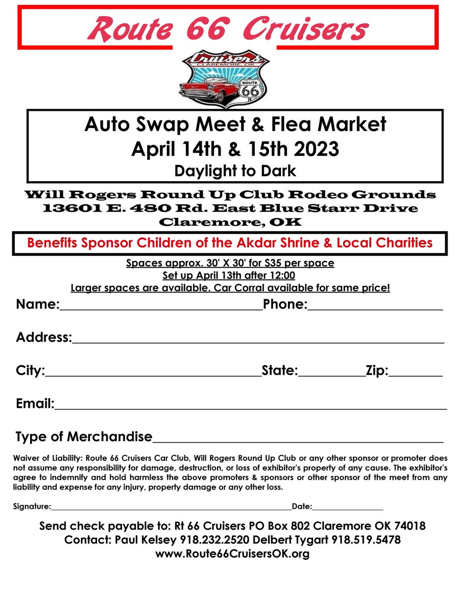 Route 66 Cruisers Claremore Spring Swap Meet &amp; Flea Market April 14th-15th, 2023.
Will Rogers Round Up Club Rodeo Grounds
Larger Spaces available - Car Corral! 
route66cruisersok.org

#swapmeet #fleamarket #claremore #Oklahoma 
#route66