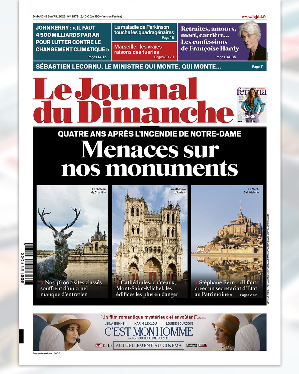 leJDD's tweet photo. 🗞 À la une du Journal du Dimanche du 9 avril  ⤵

➡ Nos monuments sont en péril, le cri d'alarme de Stéphane Bern 
➡ Sébastien Lecornu, le ministre qui monte, qui monte, jusqu'à Matignon ?  
➡ Carrière, politique, mort... Françoise Hardy se confie https://t.co/6og45BxITb