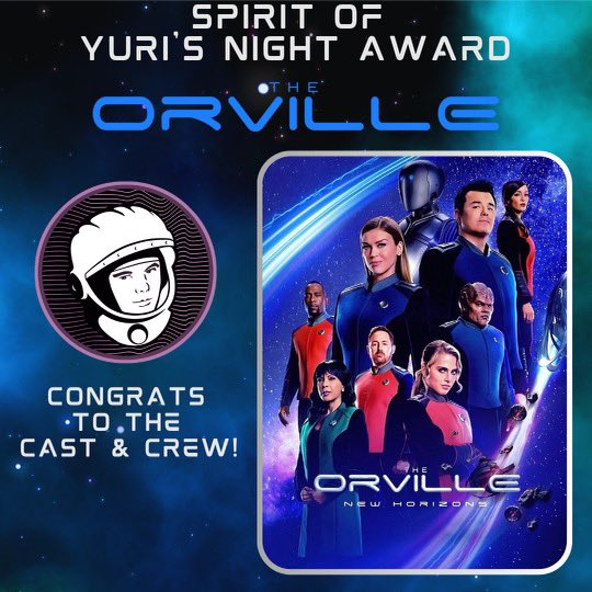 The Spirit of @yurisnight Award is given to 'a person or team that embodies the Yuri’s Night mission by using music and art to make space cool' & this year they are honoring the cast & crew of #TheOrville! Thanks for recognizing our team’s hard work & love of space!